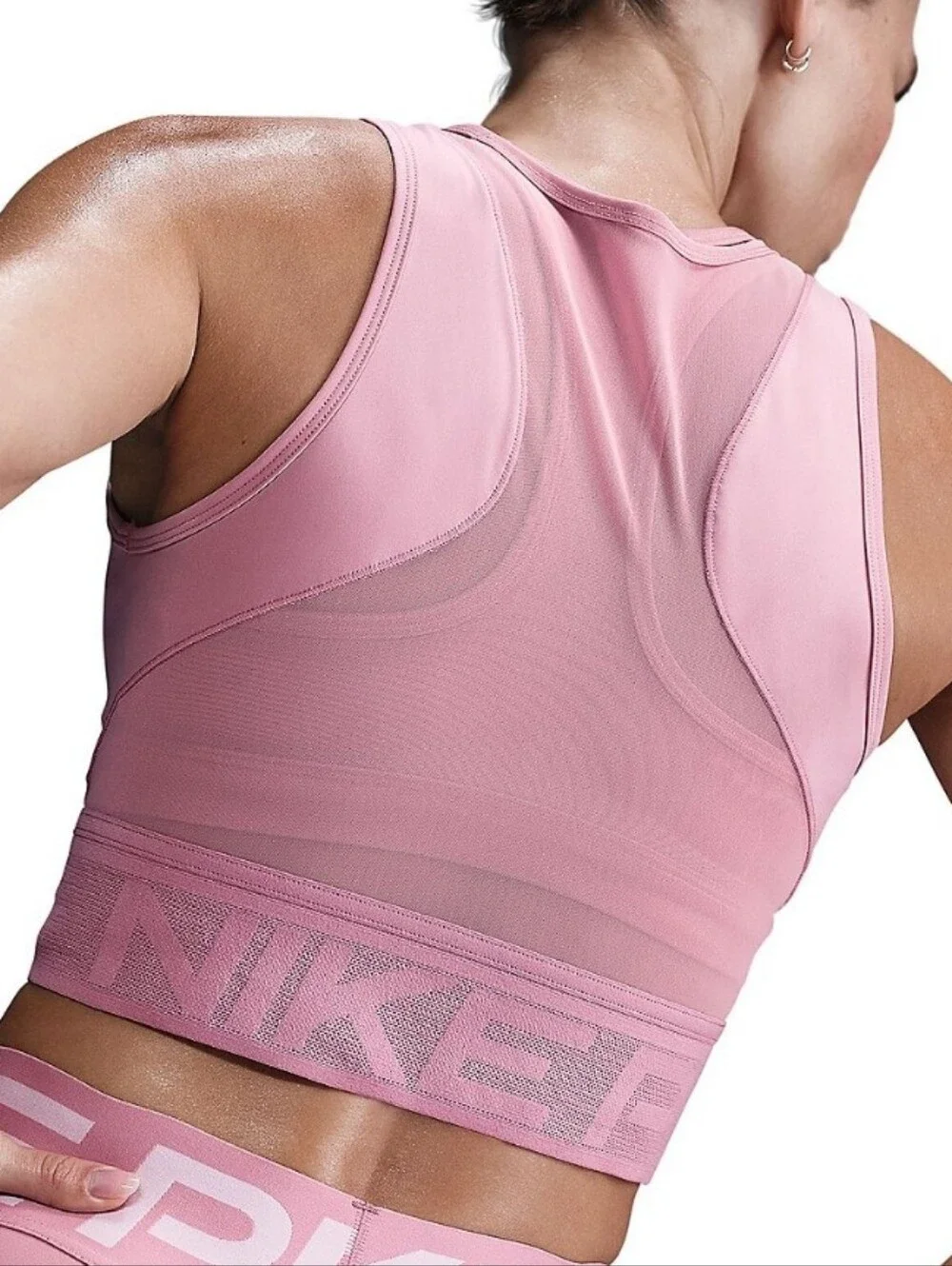 Nike Women's Pro Dri-FIT Cropped Dusty Pink Mesh Panels Cropped Tank Top Large